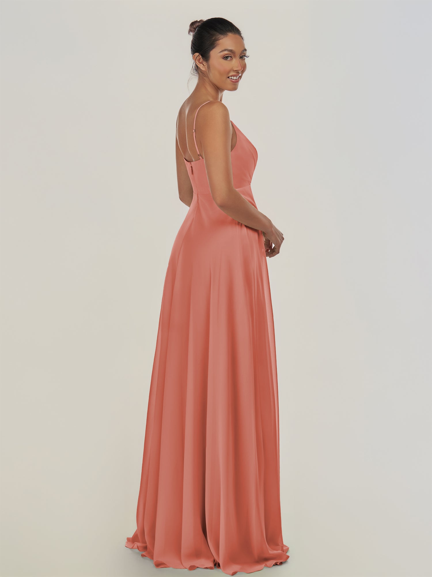 KissDress-Risa Wild Rose A Line Chiffon V Neck Long Bridesmaid Dress with Pleats