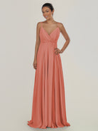 KissDress-Risa Wild Rose A Line Chiffon V Neck Long Bridesmaid Dress with Pleats
