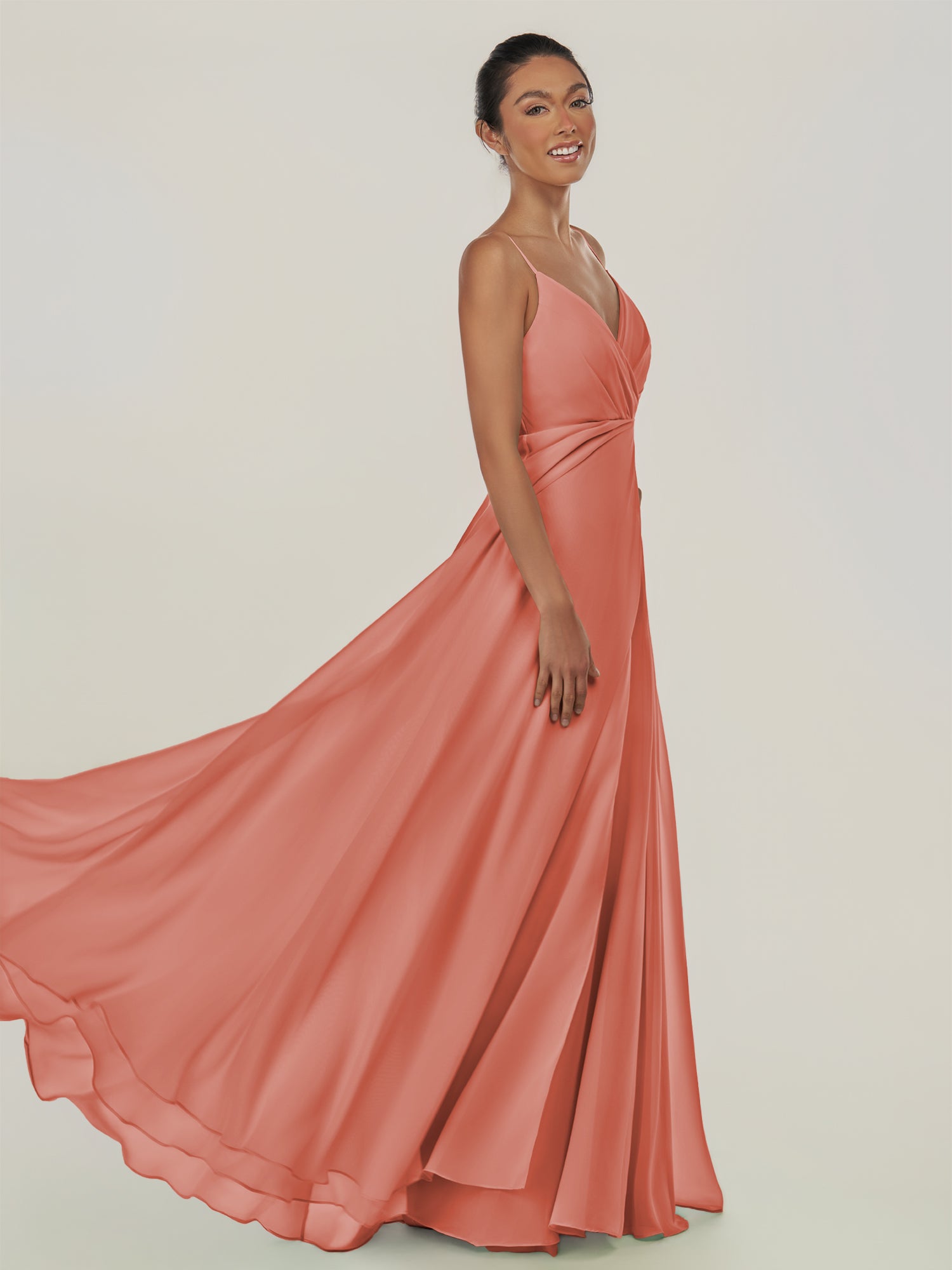 KissDress-Risa Wild Rose A Line Chiffon V Neck Long Bridesmaid Dress with Pleats
