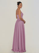 KissDress-Risa Wisteria A Line Chiffon V Neck Long Bridesmaid Dress with Pleats