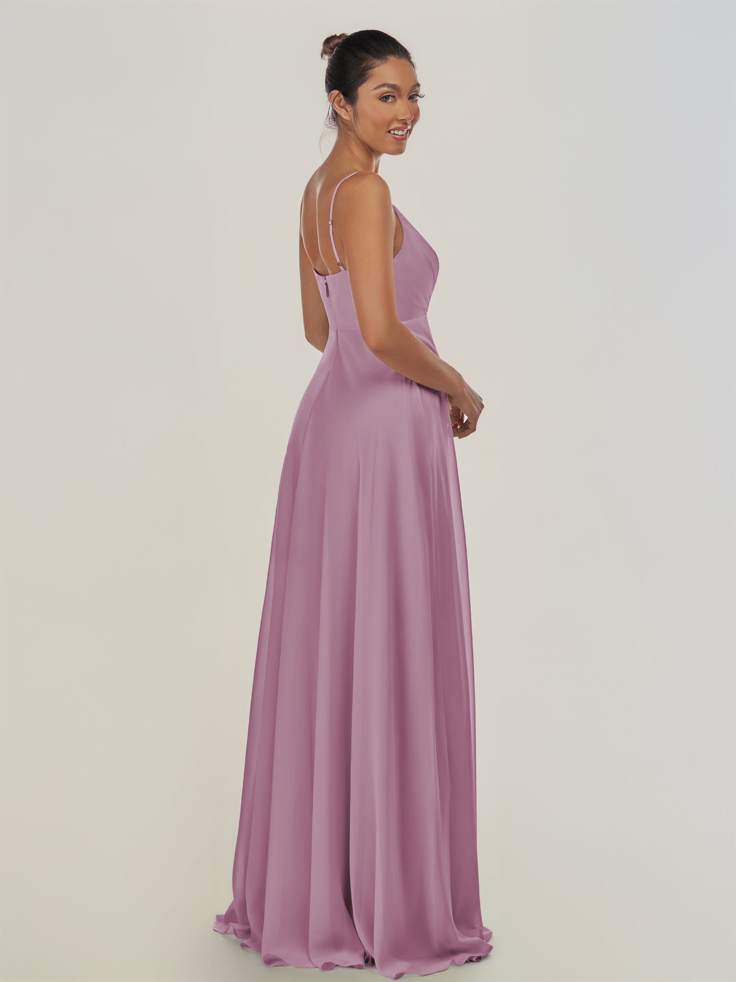 KissDress-Risa Wisteria A Line Chiffon V Neck Long Bridesmaid Dress with Pleats