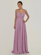 KissDress-Risa Wisteria A Line Chiffon V Neck Long Bridesmaid Dress with Pleats