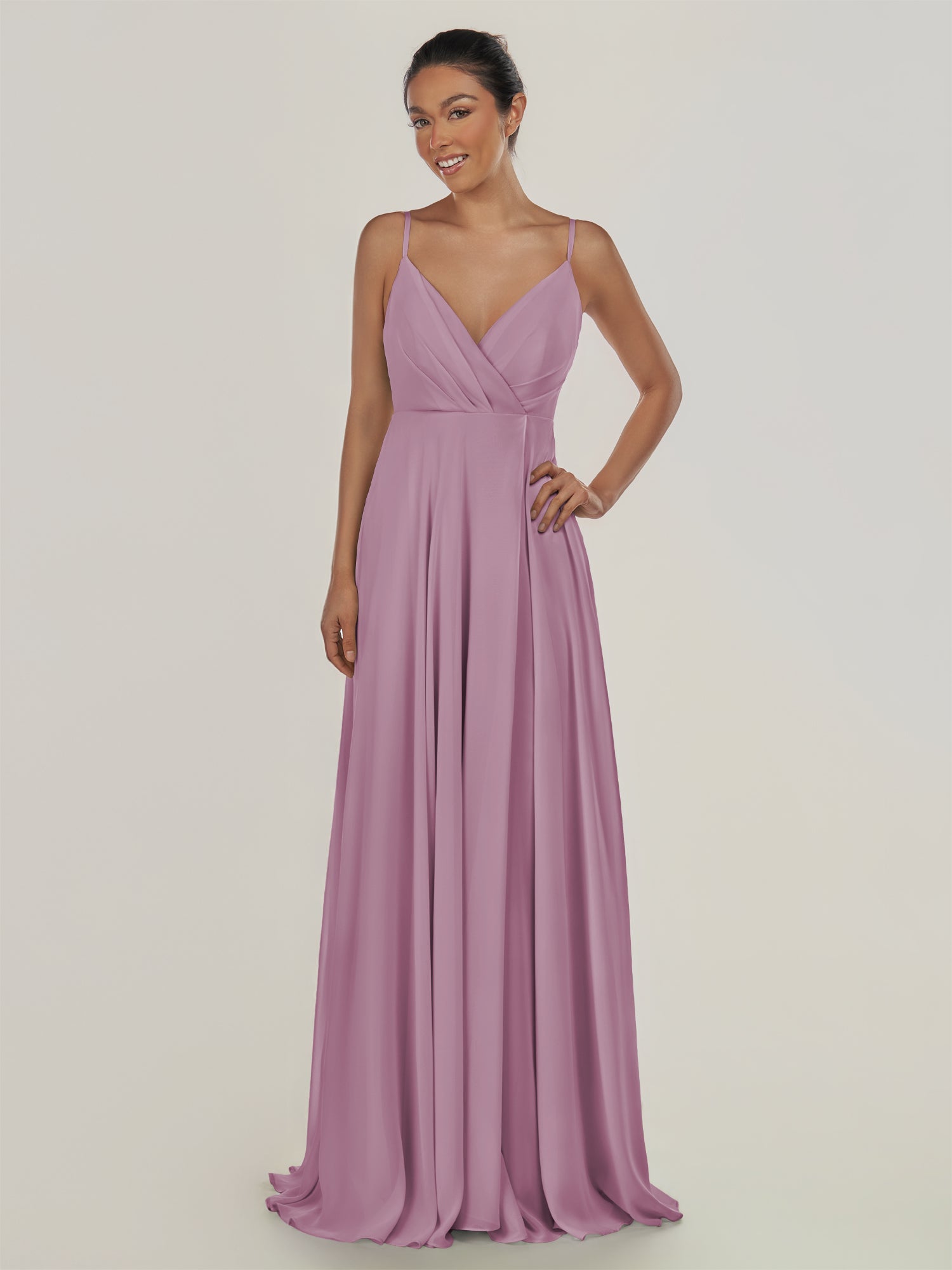 KissDress-Risa Wisteria A Line Chiffon V Neck Long Bridesmaid Dress with Pleats