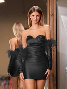 Rosalyn |Sheath Satin Strapless Fitted Homecoming Dress with Long Sleeves - KissProm
