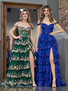 Royal Blue Princess A Line Off the Shoulder Corset Prom Dress with Lace Ruffles - KissProm
