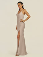 KissDress-Santillia Almond Sheath Chiffon V Neck Long Bridesmaid Dress with Slit
