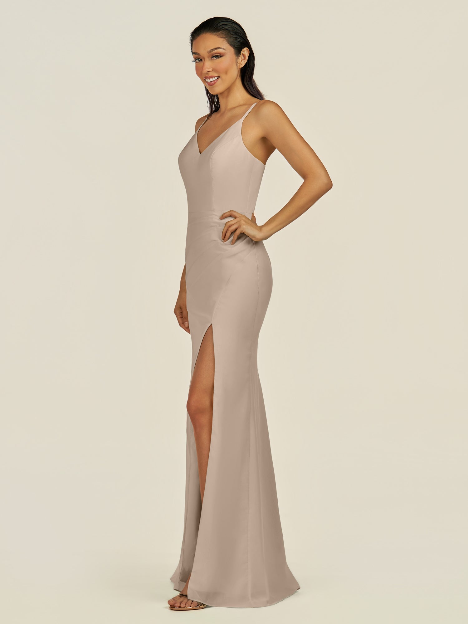KissDress-Santillia Almond Sheath Chiffon V Neck Long Bridesmaid Dress with Slit