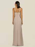 KissDress-Santillia Almond Sheath Chiffon V Neck Long Bridesmaid Dress with Slit