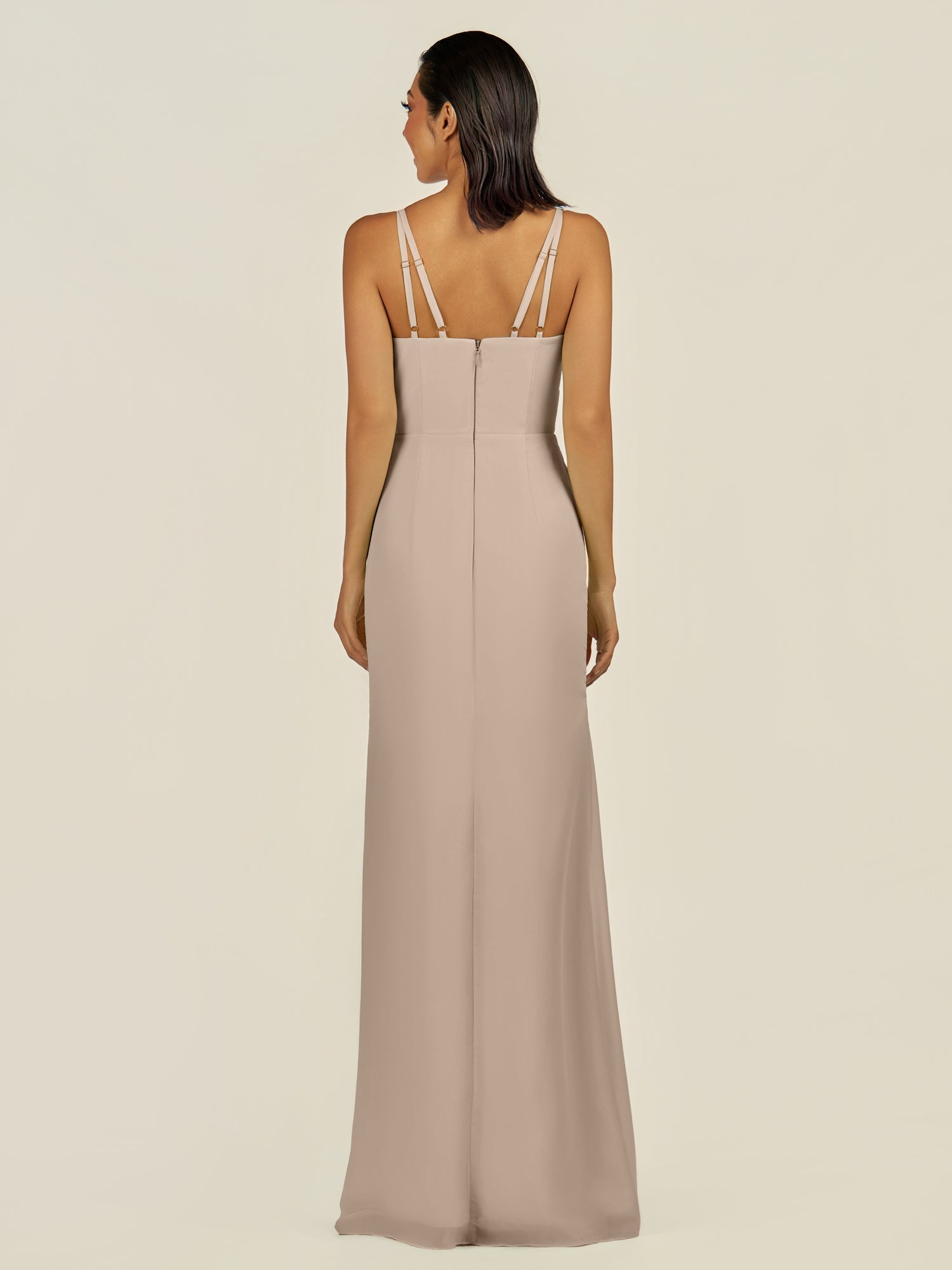 KissDress-Santillia Almond Sheath Chiffon V Neck Long Bridesmaid Dress with Slit