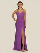 KissDress-Santillia Amethyst Sheath Chiffon V Neck Long Bridesmaid Dress with Slit