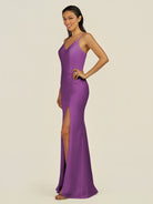KissDress-Santillia Amethyst Sheath Chiffon V Neck Long Bridesmaid Dress with Slit