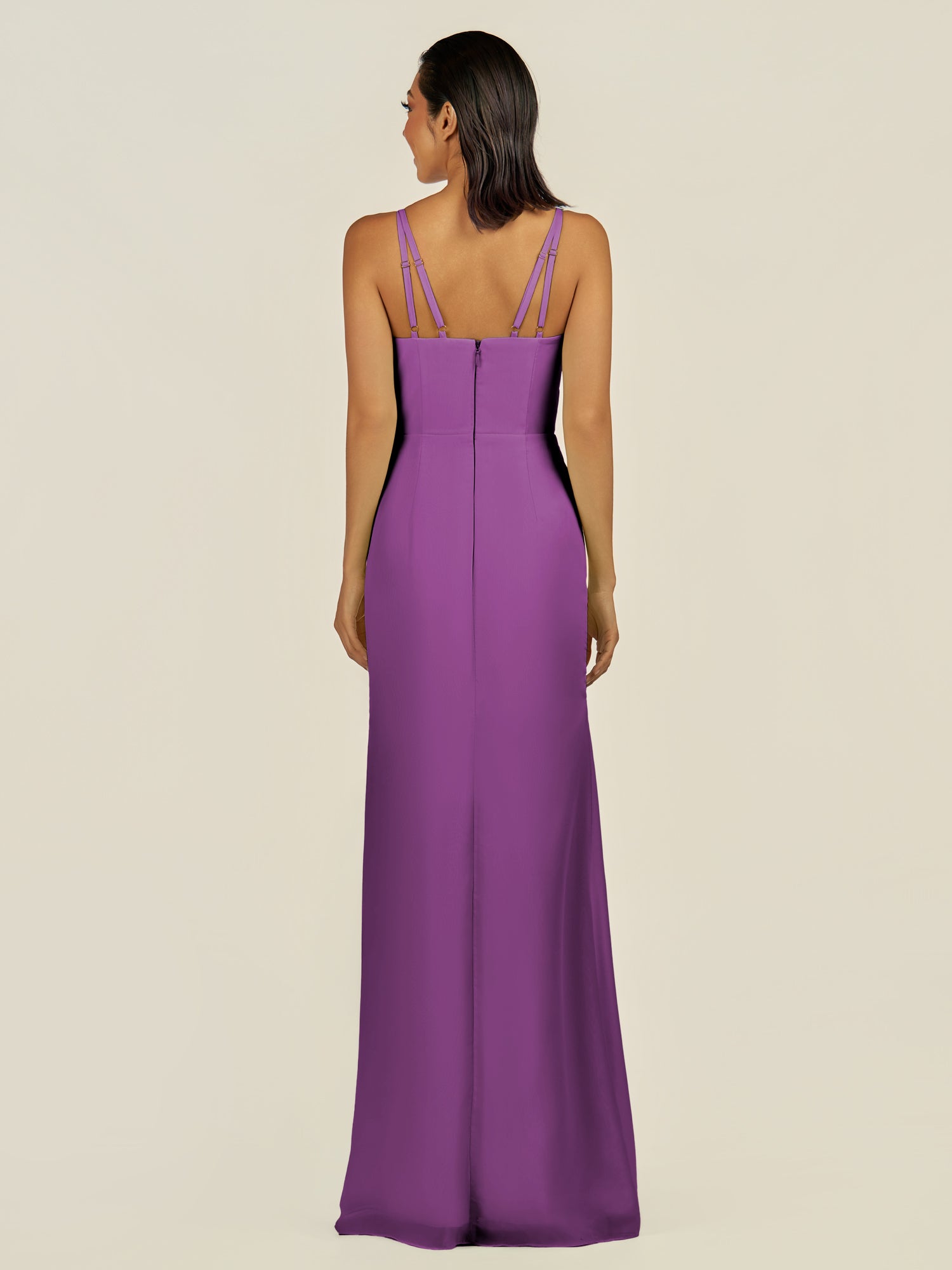 KissDress-Santillia Amethyst Sheath Chiffon V Neck Long Bridesmaid Dress with Slit