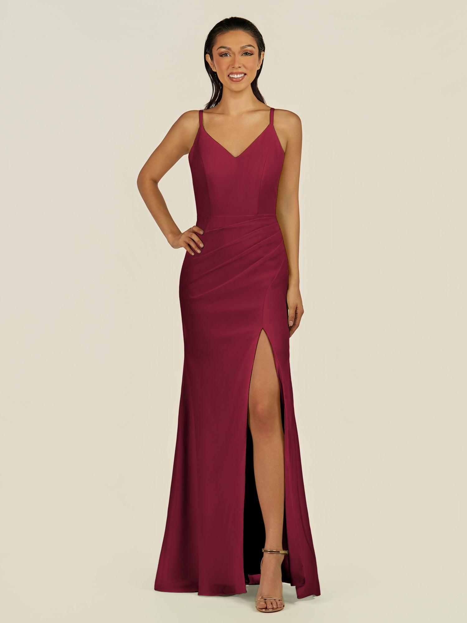 KissDress-Santillia Berry Sheath Chiffon V Neck Long Bridesmaid Dress with Slit