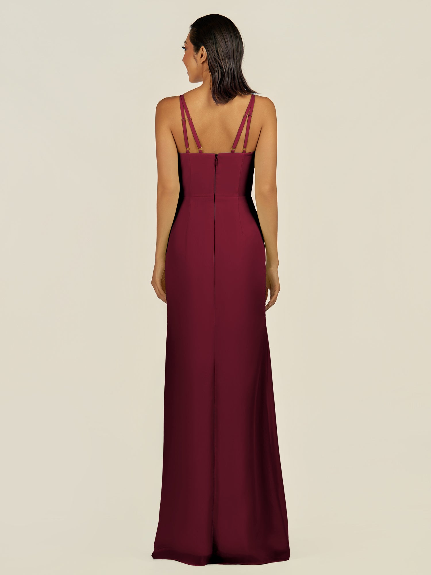 KissDress-Santillia Berry Sheath Chiffon V Neck Long Bridesmaid Dress with Slit