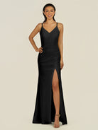 KissDress-Santillia Black Sheath Chiffon V Neck Long Bridesmaid Dress with Slit