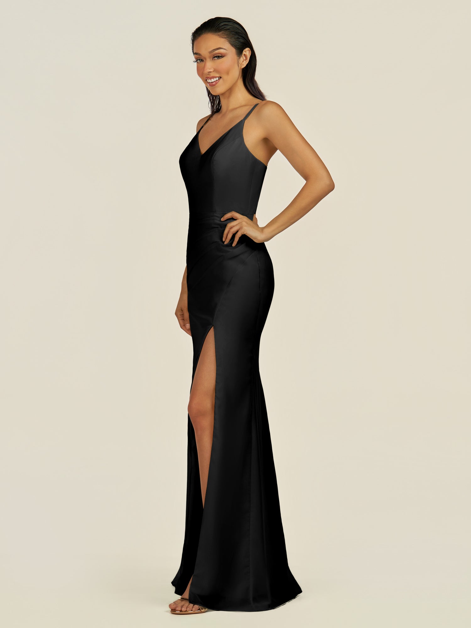 KissDress-Santillia Black Sheath Chiffon V Neck Long Bridesmaid Dress with Slit