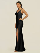 KissDress-Santillia Black Sheath Chiffon V Neck Long Bridesmaid Dress with Slit