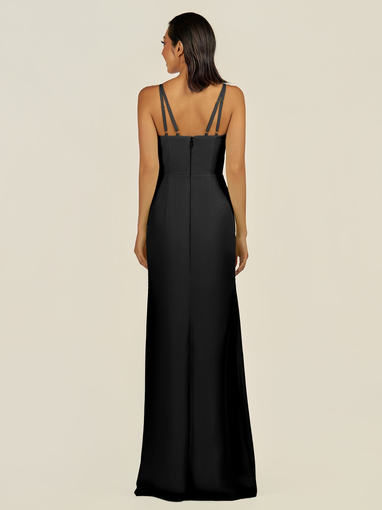 KissDress-Santillia Black Sheath Chiffon V Neck Long Bridesmaid Dress with Slit