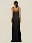 KissDress-Santillia Black Sheath Chiffon V Neck Long Bridesmaid Dress with Slit