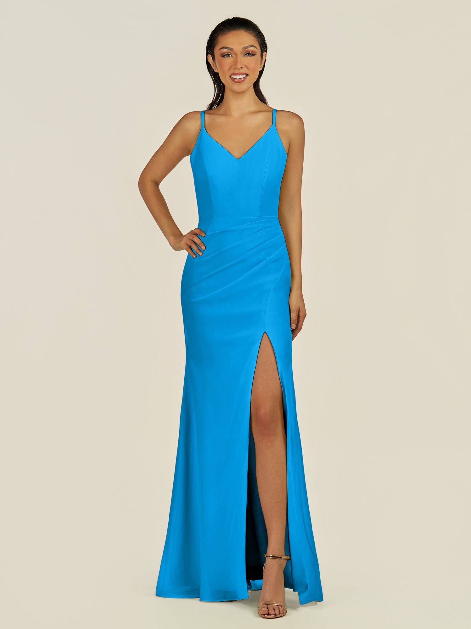 KissDress-Santillia Blue Jay Sheath Chiffon V Neck Long Bridesmaid Dress with Slit