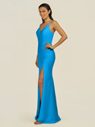 KissDress-Santillia Blue Jay Sheath Chiffon V Neck Long Bridesmaid Dress with Slit