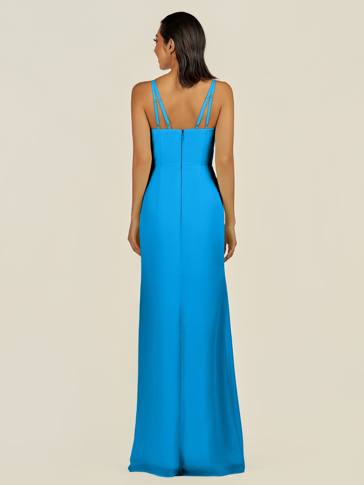 KissDress-Santillia Blue Jay Sheath Chiffon V Neck Long Bridesmaid Dress with Slit