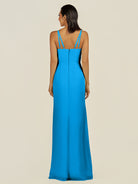 KissDress-Santillia Blue Jay Sheath Chiffon V Neck Long Bridesmaid Dress with Slit