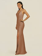 KissDress-Santillia Bronzer Sheath Chiffon V Neck Long Bridesmaid Dress with Slit