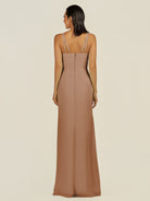 KissDress-Santillia Bronzer Sheath Chiffon V Neck Long Bridesmaid Dress with Slit