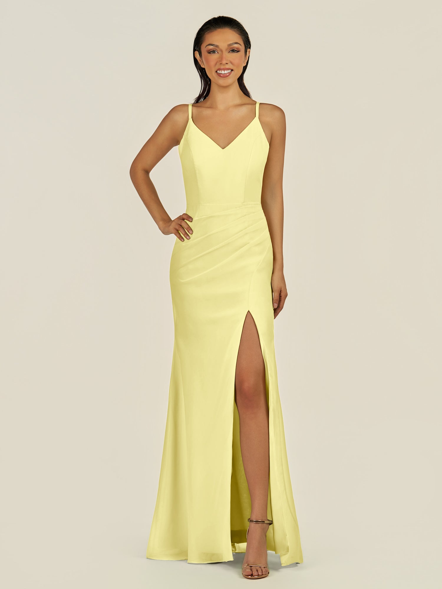 KissDress-Santillia Buttercup Sheath Chiffon V Neck Long Bridesmaid Dress with Slit
