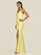 KissDress-Santillia Buttercup Sheath Chiffon V Neck Long Bridesmaid Dress with Slit
