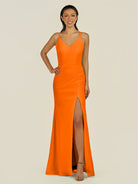 KissDress-Santillia Cinnamon Sheath Chiffon V Neck Long Bridesmaid Dress with Slit