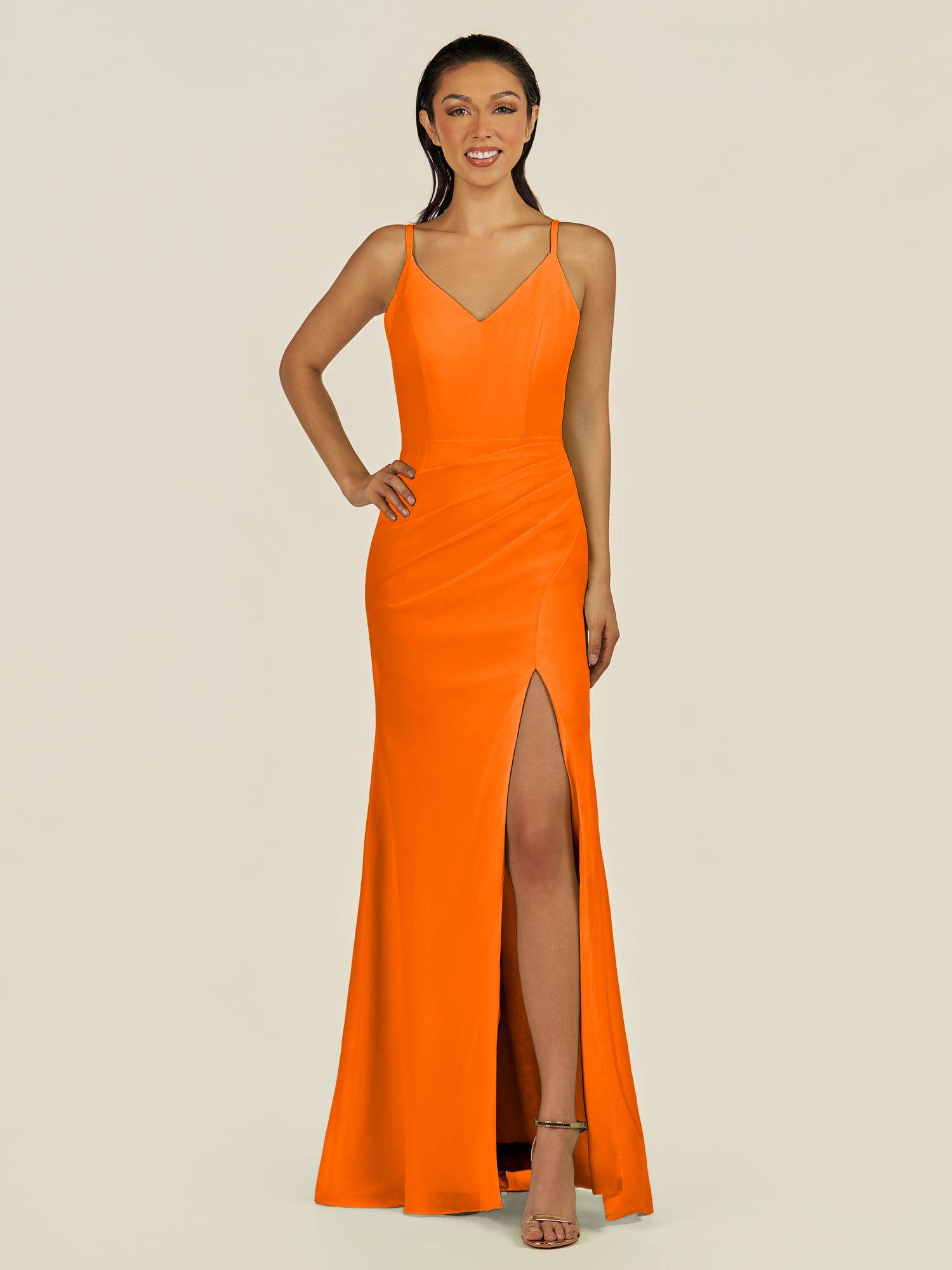 KissDress-Santillia Cinnamon Sheath Chiffon V Neck Long Bridesmaid Dress with Slit