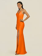 KissDress-Santillia Cinnamon Sheath Chiffon V Neck Long Bridesmaid Dress with Slit