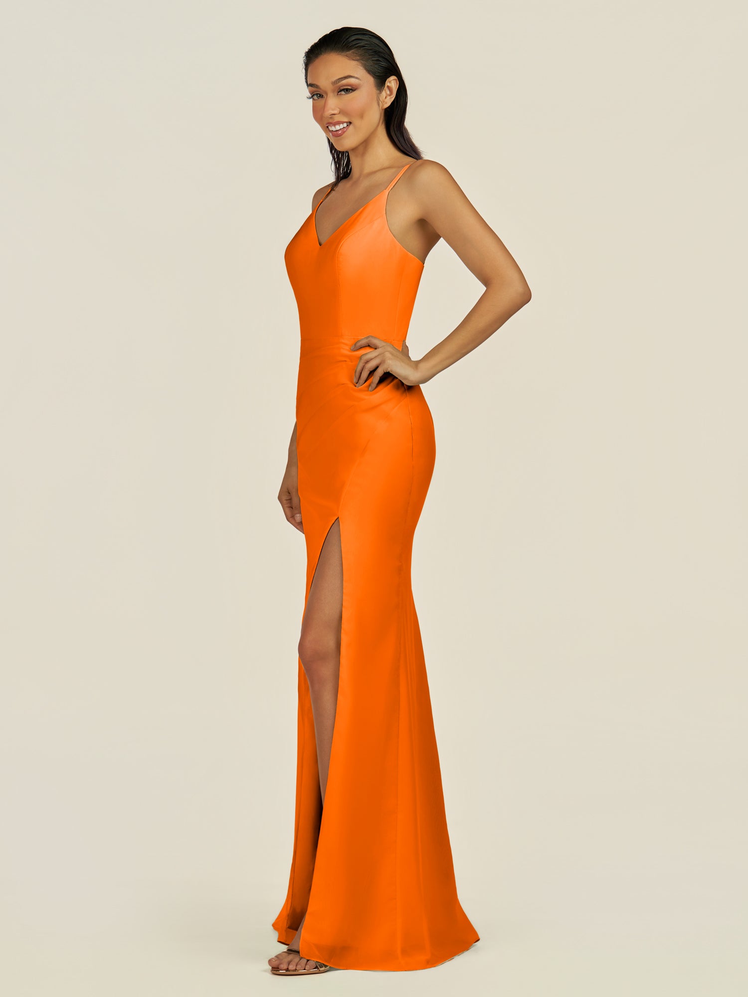 KissDress-Santillia Cinnamon Sheath Chiffon V Neck Long Bridesmaid Dress with Slit