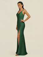 KissDress-Santillia Dark Green Sheath Chiffon V Neck Long Bridesmaid Dress with Slit