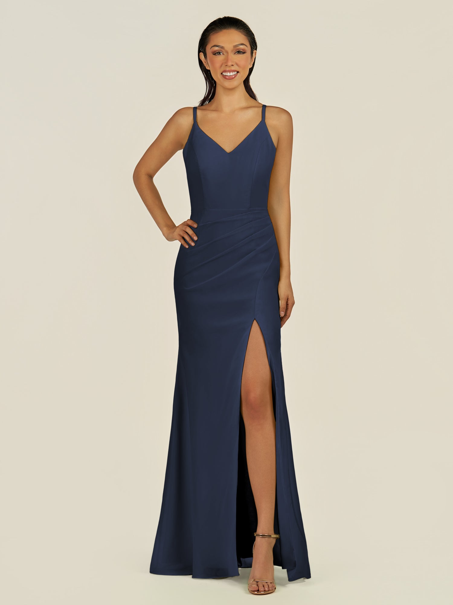 KissDress-Santillia Dark Navy Sheath Chiffon V Neck Long Bridesmaid Dress with Slit