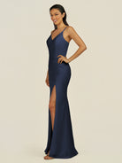 KissDress-Santillia Dark Navy Sheath Chiffon V Neck Long Bridesmaid Dress with Slit