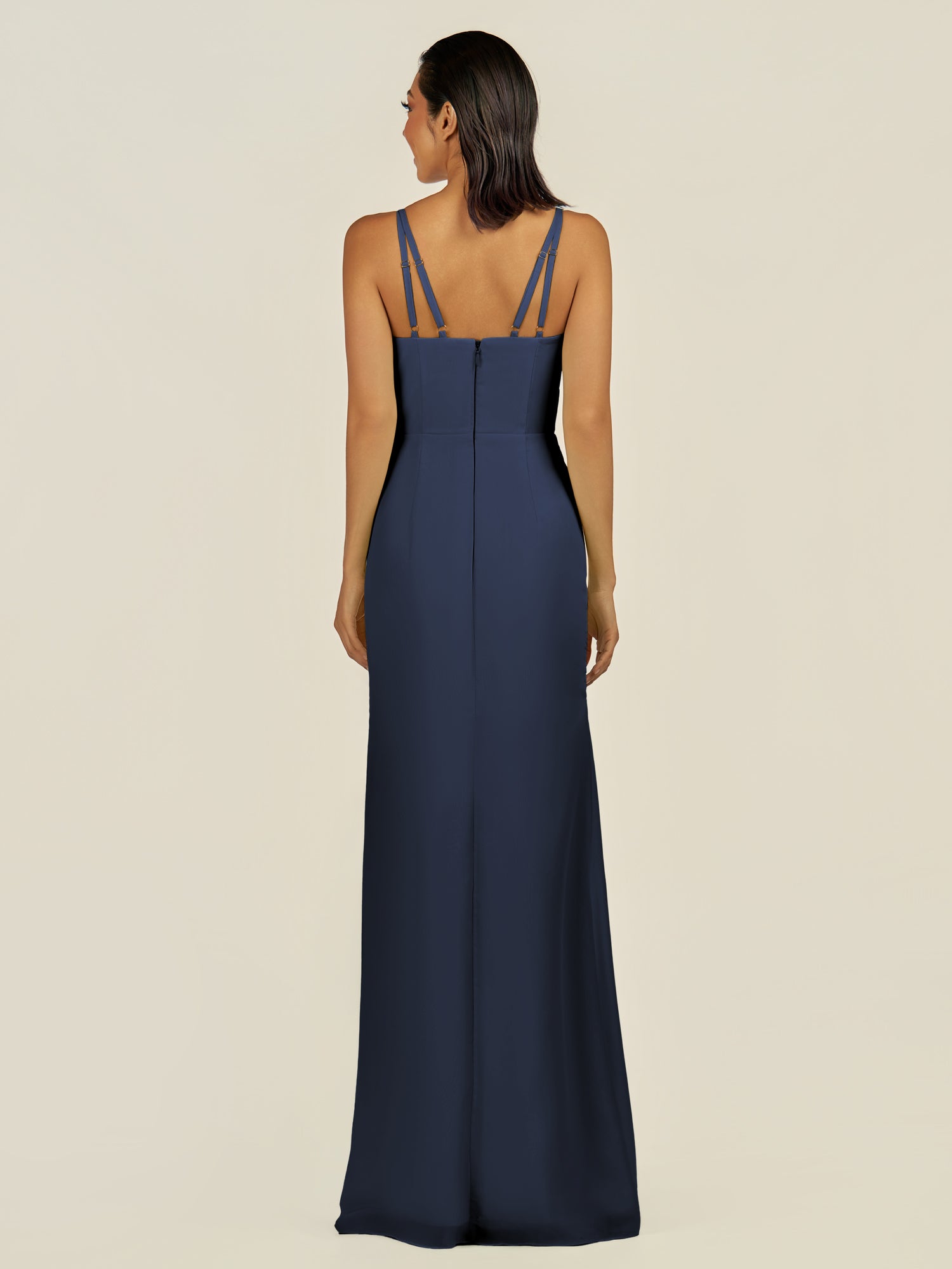 KissDress-Santillia Dark Navy Sheath Chiffon V Neck Long Bridesmaid Dress with Slit