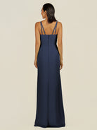 KissDress-Santillia Dark Navy Sheath Chiffon V Neck Long Bridesmaid Dress with Slit