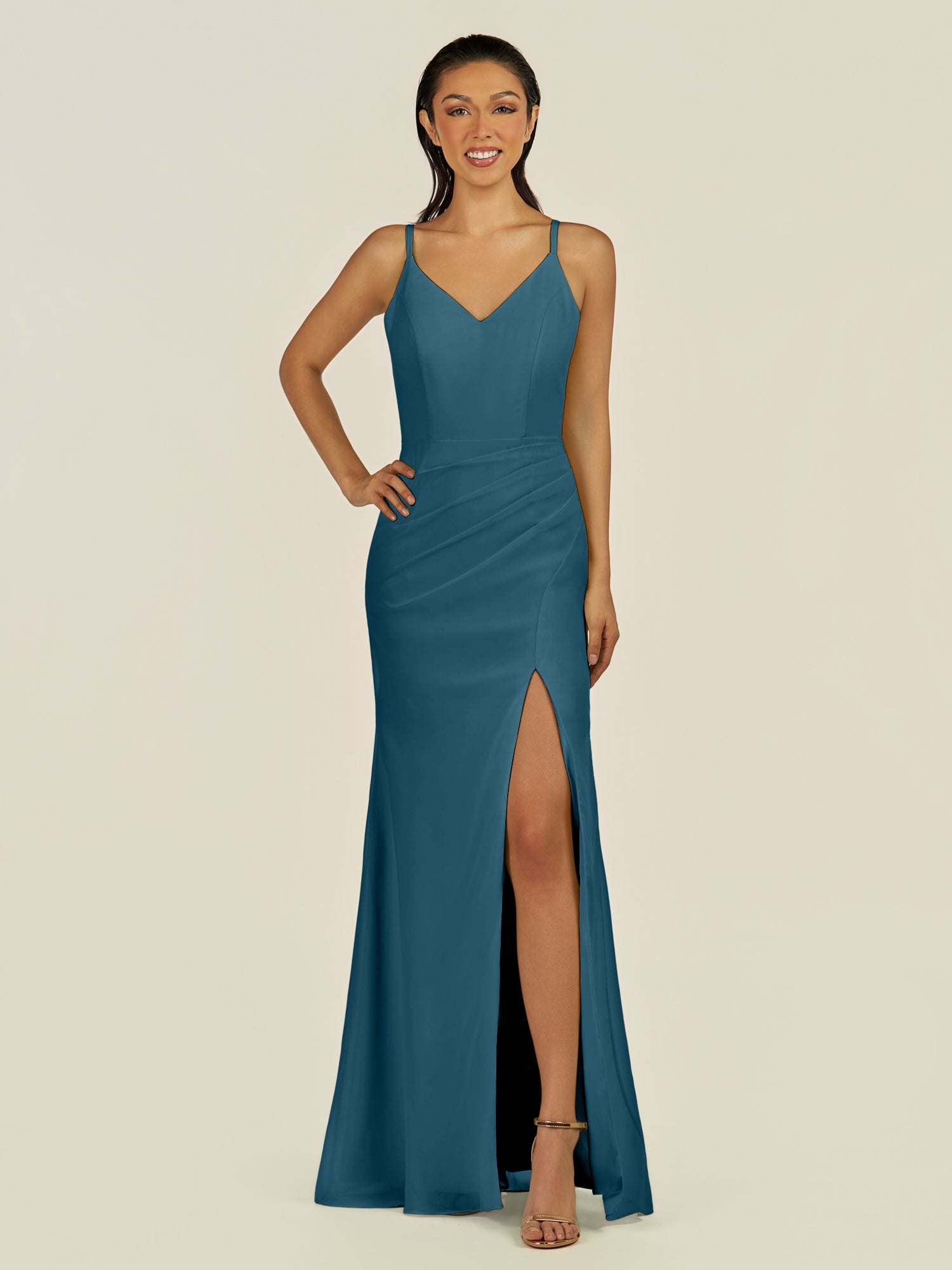 KissDress-Santillia Dark Teal Sheath Chiffon V Neck Long Bridesmaid Dress with Slit