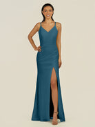 KissDress-Santillia Dark Teal Sheath Chiffon V Neck Long Bridesmaid Dress with Slit