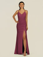 KissDress-Santillia Desert Rose Sheath Chiffon V Neck Long Bridesmaid Dress with Slit