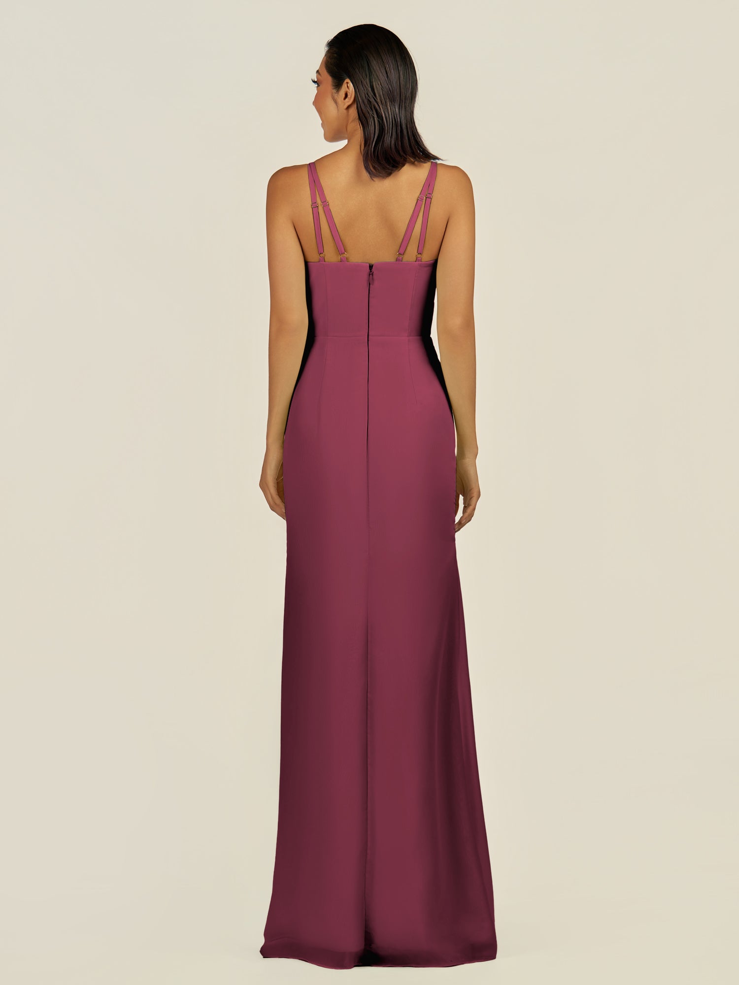 KissDress-Santillia Desert Rose Sheath Chiffon V Neck Long Bridesmaid Dress with Slit