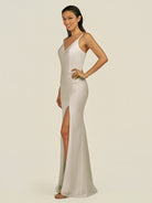 KissDress-Santillia Dove Gray Sheath Chiffon V Neck Long Bridesmaid Dress with Slit