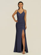 KissDress-Santillia Dusk Blue Sheath Chiffon V Neck Long Bridesmaid Dress with Slit