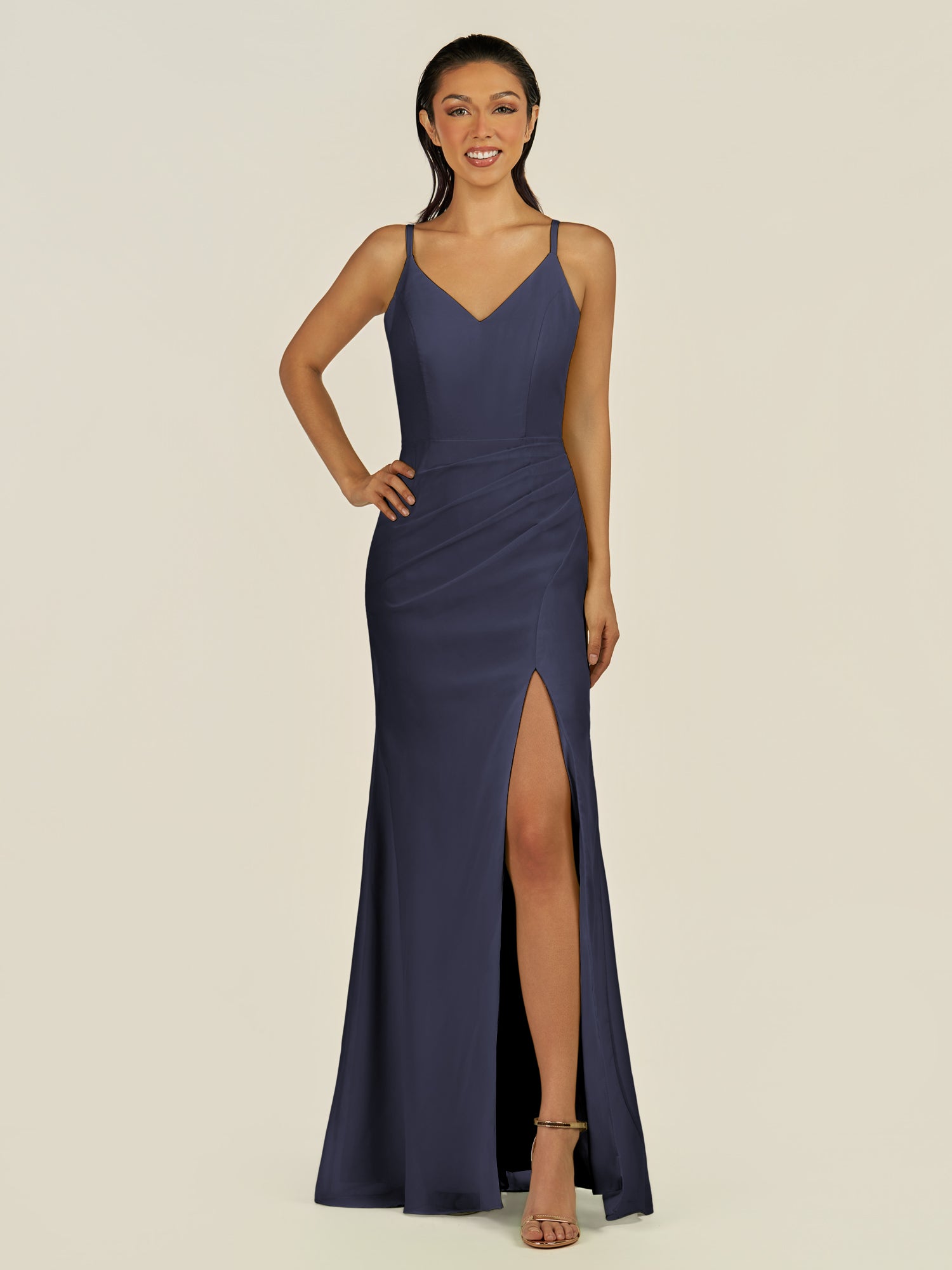 KissDress-Santillia Dusk Blue Sheath Chiffon V Neck Long Bridesmaid Dress with Slit