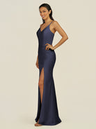 KissDress-Santillia Dusk Blue Sheath Chiffon V Neck Long Bridesmaid Dress with Slit
