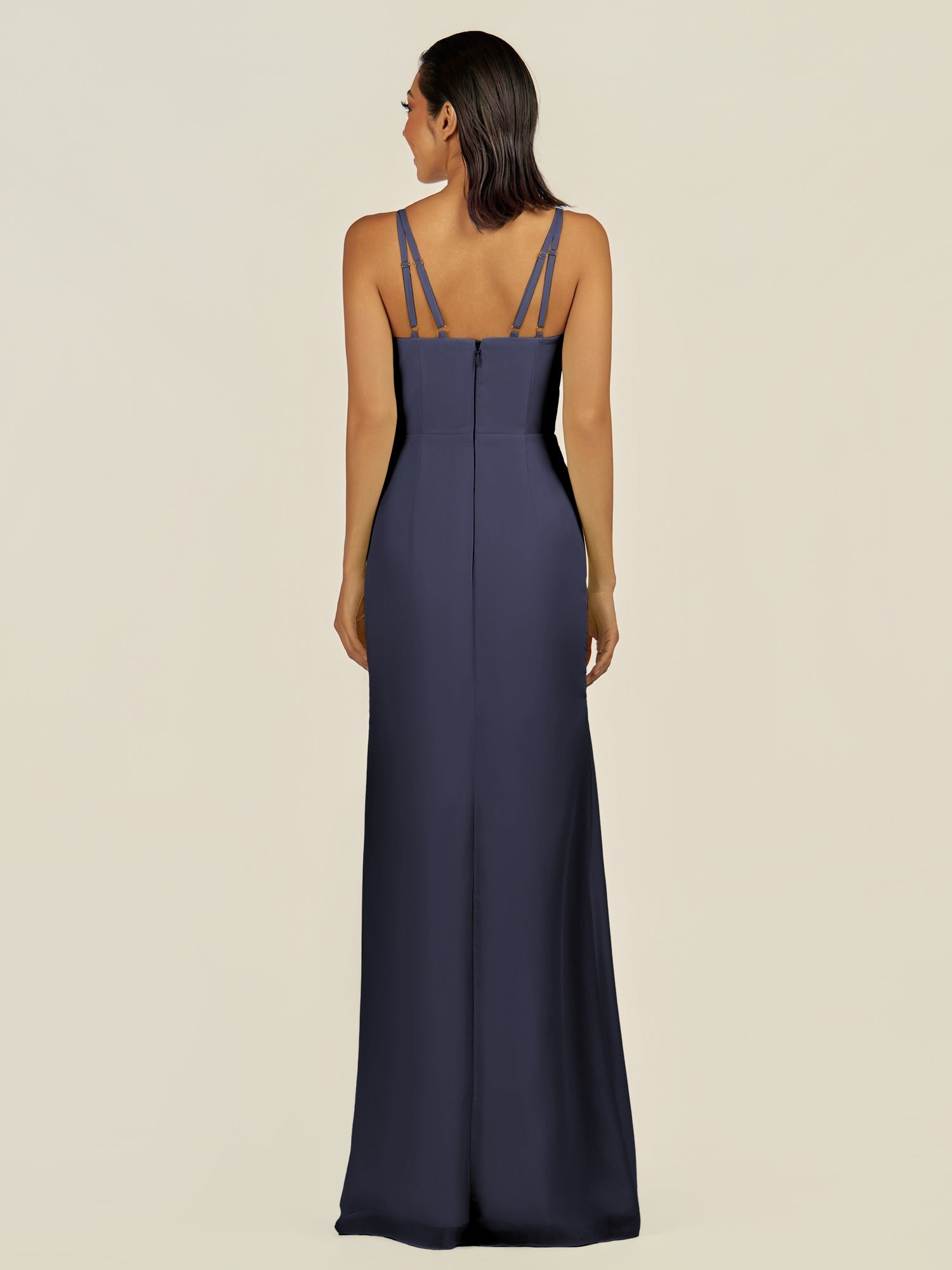 KissDress-Santillia Dusk Blue Sheath Chiffon V Neck Long Bridesmaid Dress with Slit