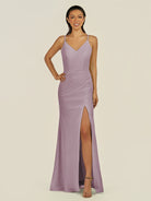 KissDress-Santillia Dusk Sheath Chiffon V Neck Long Bridesmaid Dress with Slit